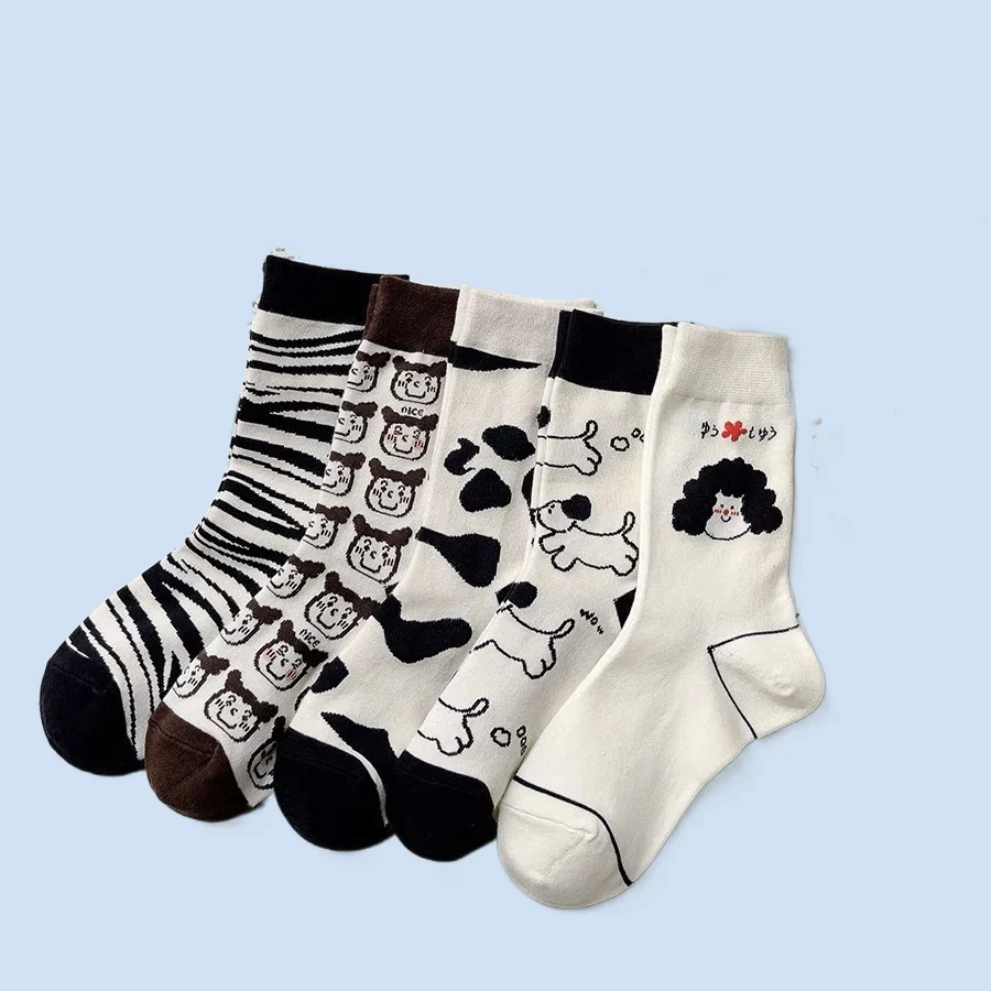 

5/10 Pairs Women Spring and Autumn Black and White Puppy Personality Middle-tube Socks Korean Style Cute Cartoon Cow Zebra Socks