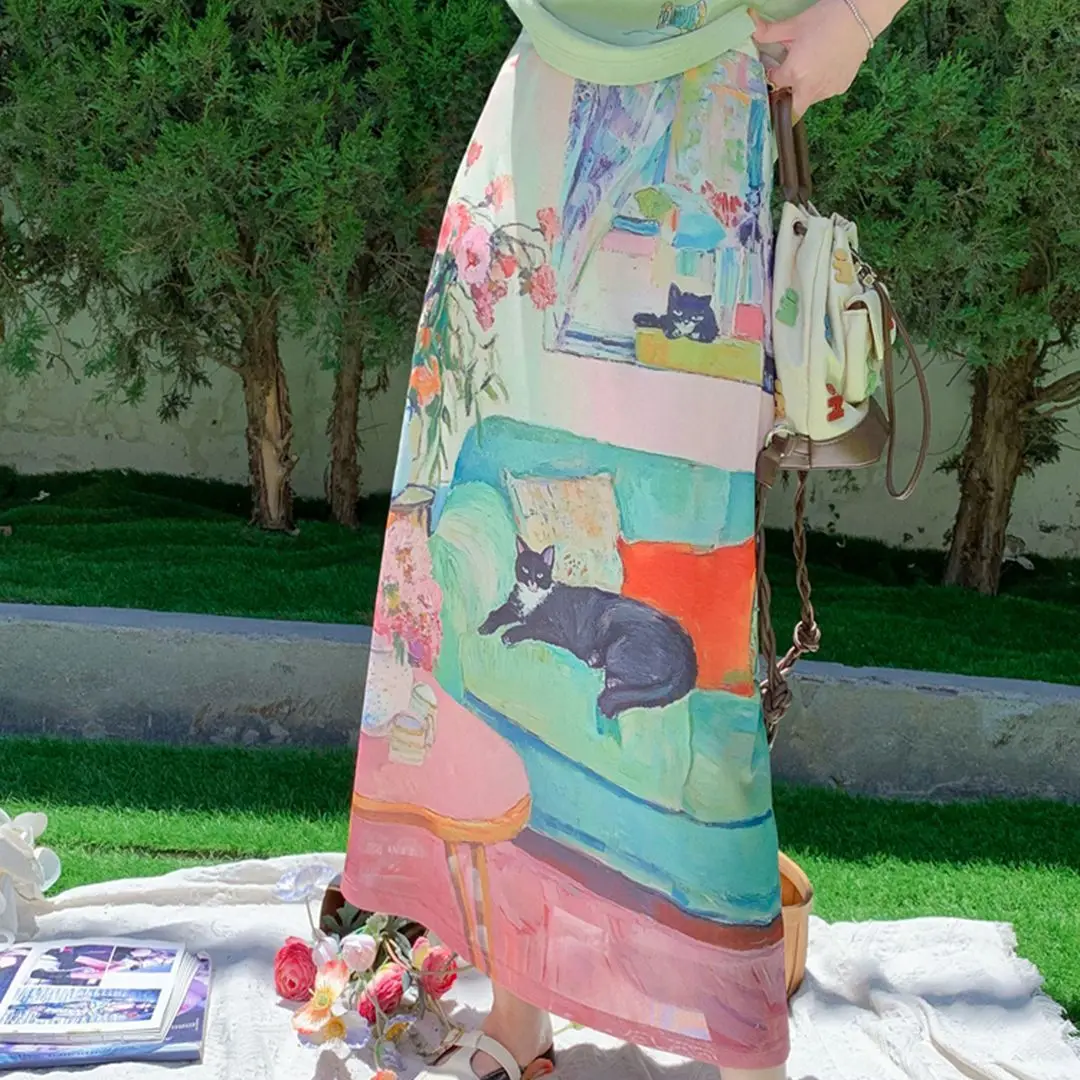 

Gagaok Kawaii Skirt 2025 Summer New High Waist Slimming Cute Color Printed Elastic Skirts Outwear Casual Gentle Y2k Clothes