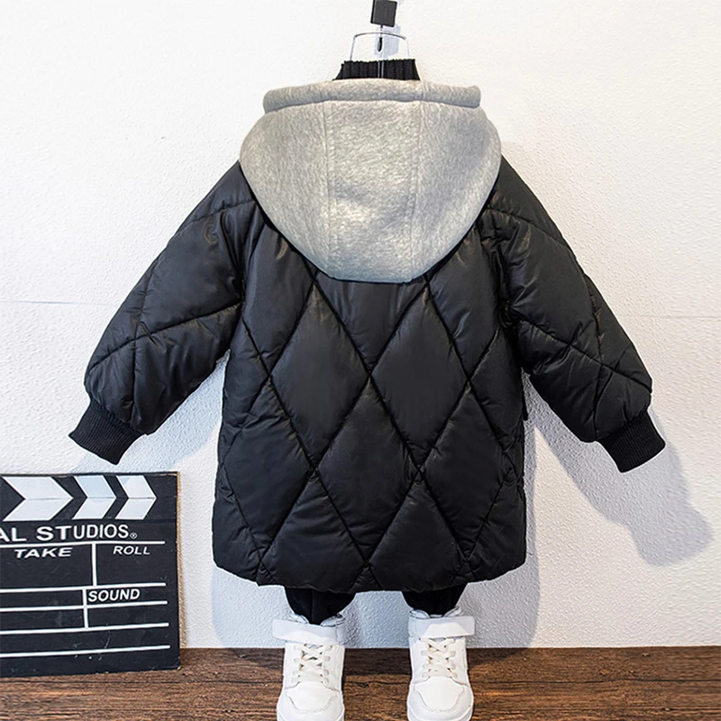 2024 New Teen Boys Winter Coats Plus Velvet Warm Kids Jacket Fashion Zipper Hooded Child Outerwear Clothing 4 6 8 10 12 14 Years