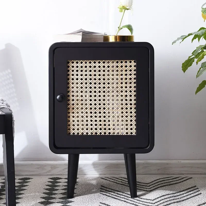 Bedroom Nordic Bedside Cabinet Modern Aesthetic Black Bedside Table Rattan Design Japanese High-level Mesa De Noche Furniture