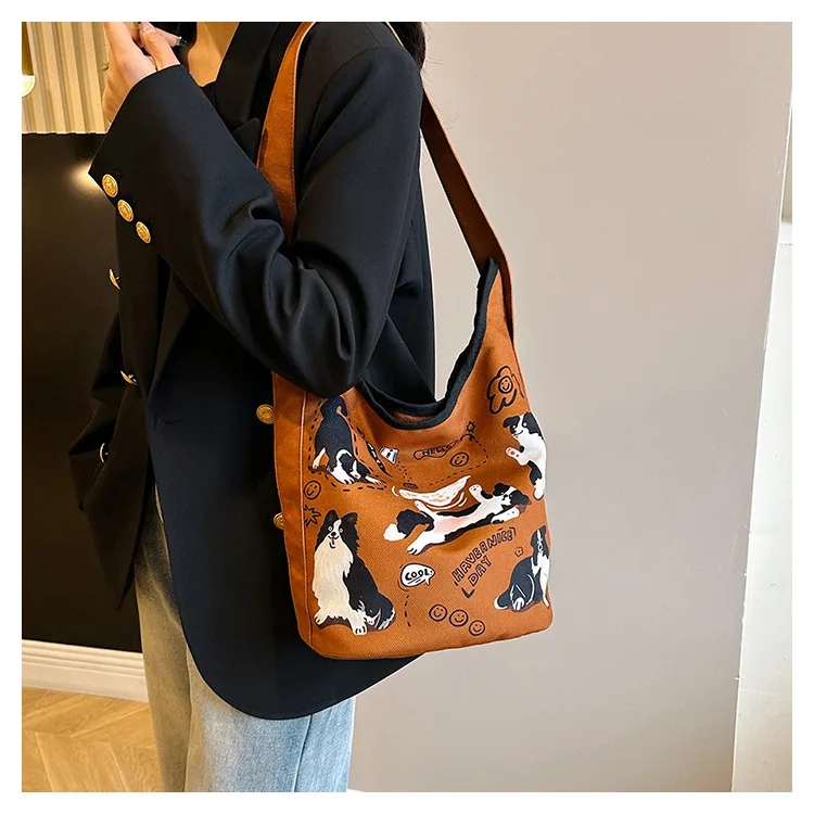 

Women Shoulder Bag Trendy Boutique Printed Canvas Crossbody Bag Maillard Style New Border Collie Printing Shoulder Bucket Bag