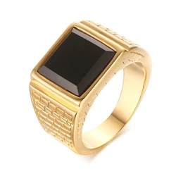Vintage Square Gold Color Ring For Men Black Stone Stainless Steel Male Jewelry Big Size 7 To Size 13Amazing Price