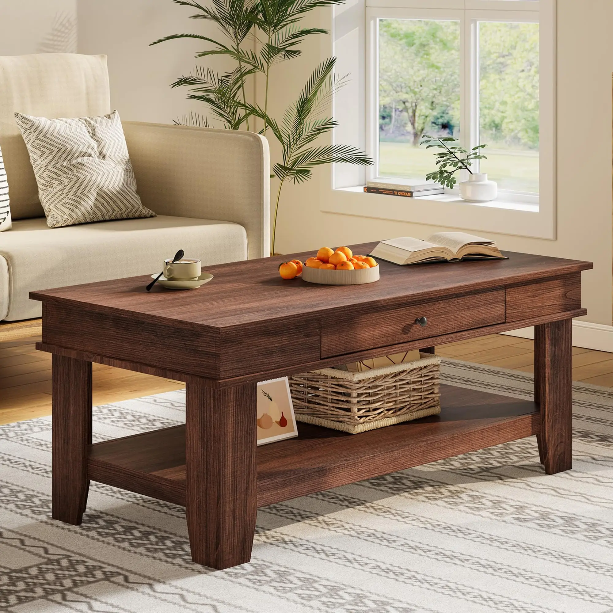 Rectangular Coffee Table with Drawer & Open Shelf – Rustic Walnut Center Table for Living Room, Sturdy Four-Leg, Heavy Duty Storage, Easy-to-Clean Surface, Modern Farmhouse Style - Brown