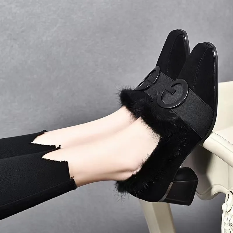 

Женские хлопковые кожаные туфли без шнуровки на блочном каблуке «котенок», женские шерстяные туфли с квадратным носком, хлопковые туфли с глубоким вырезом