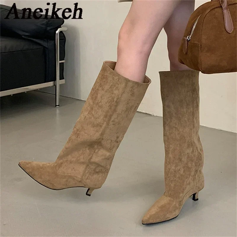 Aneikeh Autumn Winter Pointed Toe knee length Boots Shoes Woman 2027 Trend Designer Vintage Thin Low Heel Shoes Modern Botas