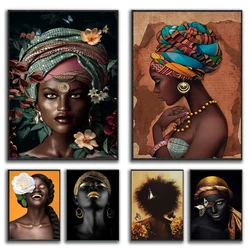 African Flower Woman Potrait Wall Canvas Painting Art Posters and Prints Black Woman Holding Gold Jewelry Picture Home Decor