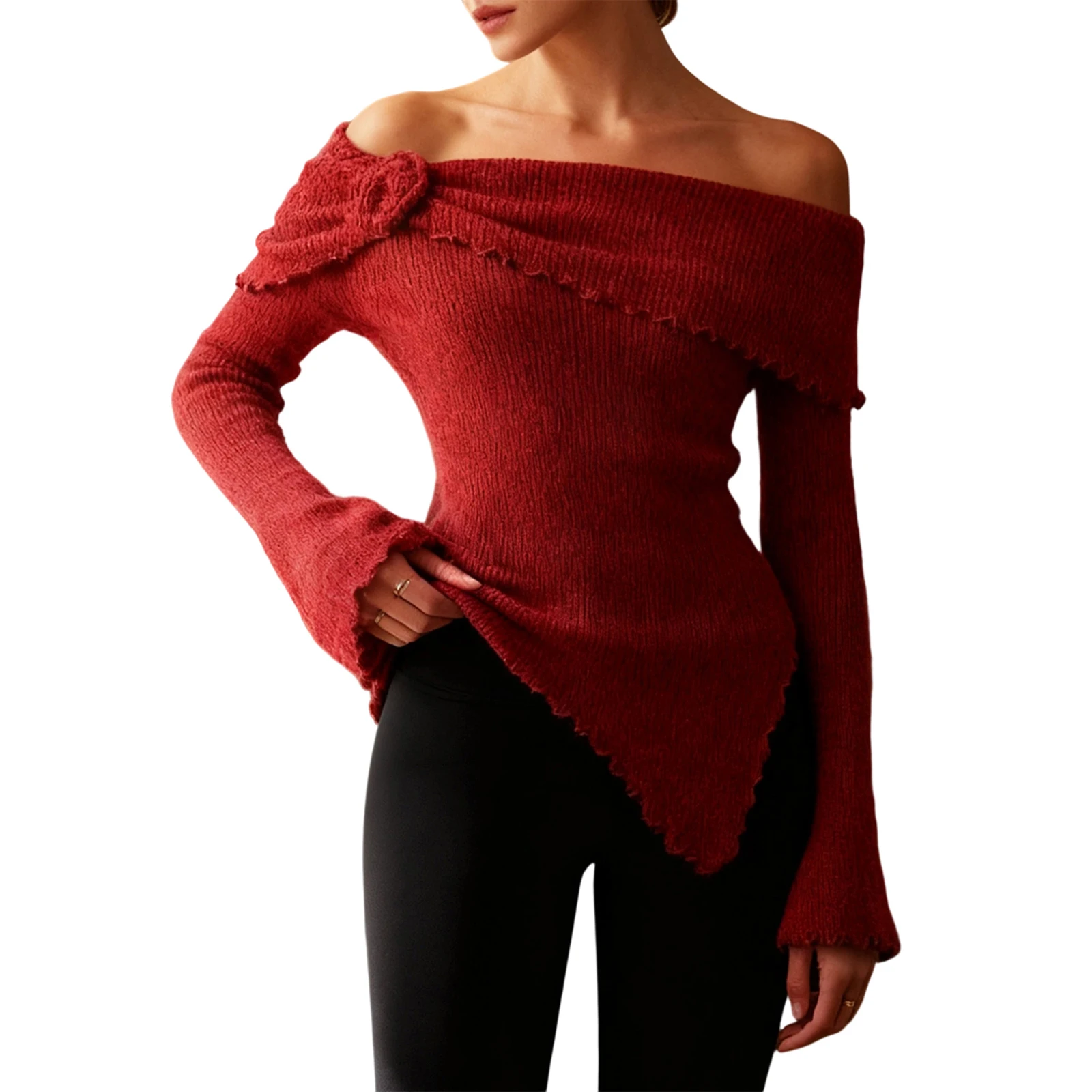 Suéter de Punto para Mujer, Otoño, Manga Larga, Hombros Descubiertos, Decoración Floral, Borde de Lechuga, Ajuste Holgado