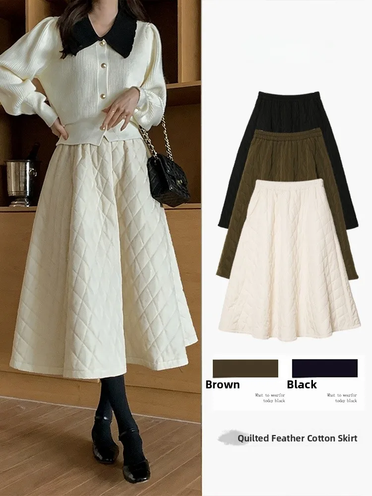 

High Waist A-Line Skirt with Quilted Design Casual Commute Slim Fit Long Skirt Polyester Fiber Elastic Waist Sle