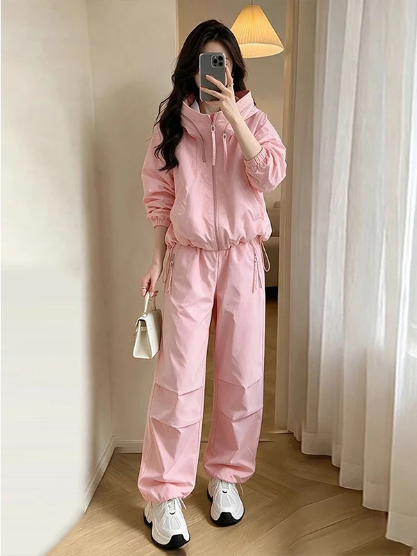 Sweet Simple Women's Autumn Outfit Hoodie Jacket And Trousers Set Casual Style High Waist Loose Fit Polyester Fiber Two Pieces