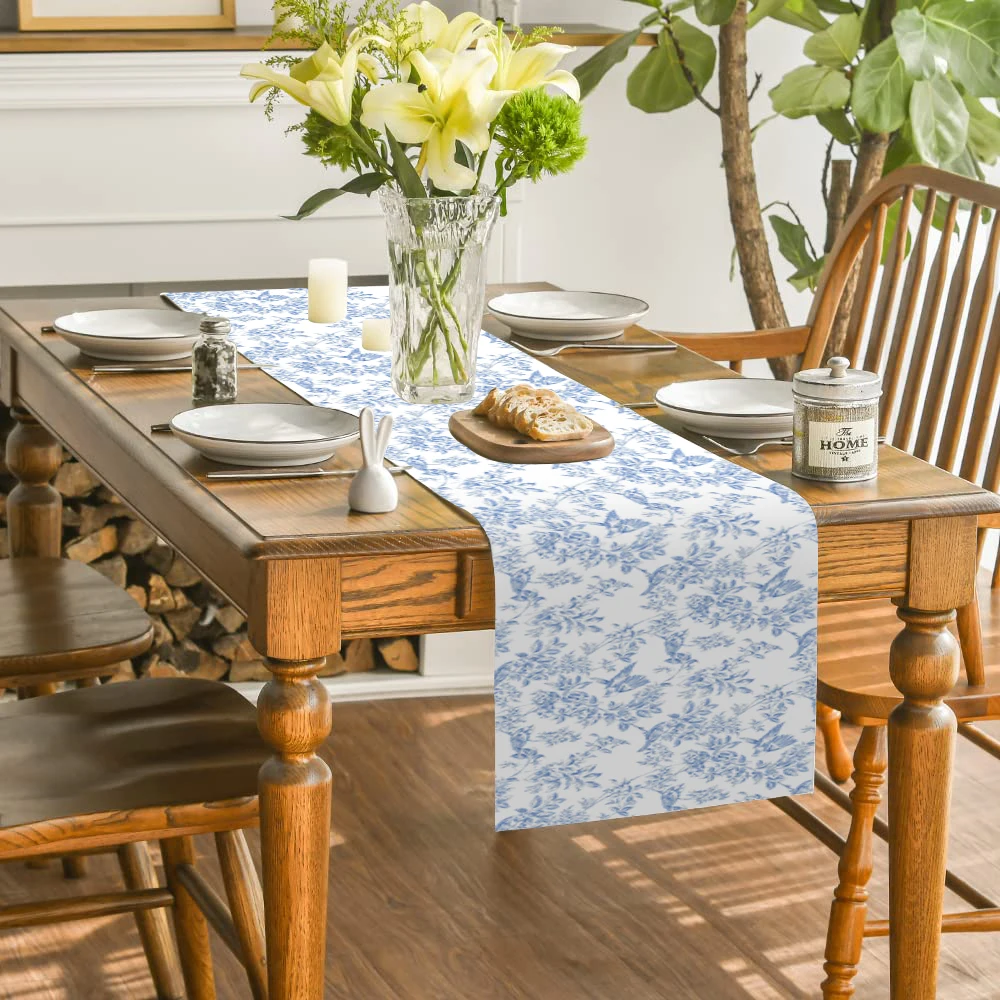 Blue Leaf Pattern Print Linen Table Runner Holiday Party Decoration Blue Sparrow Kitchen Dining Table Runner For Wedding