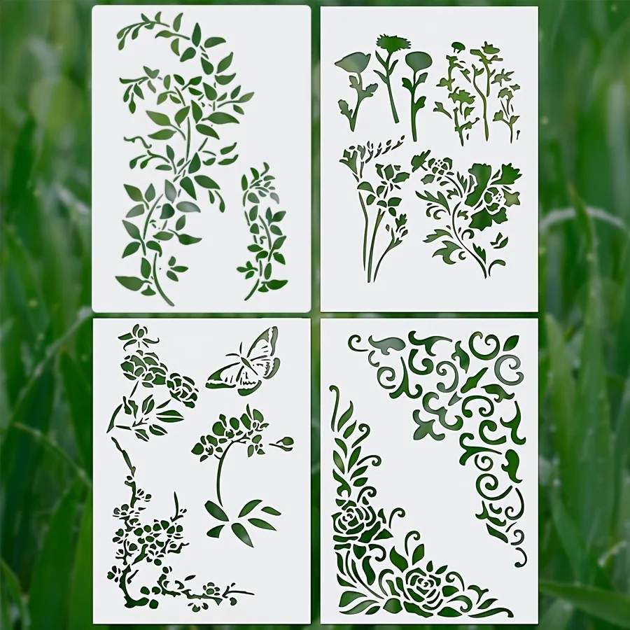 4 Stück A4 Blumenranken-Schablonen, wiederverwendbare Blumen- und Schmetterlings-Malvorlagen für Wand, Leinwand, Stoff, DIY-Basteldekoration