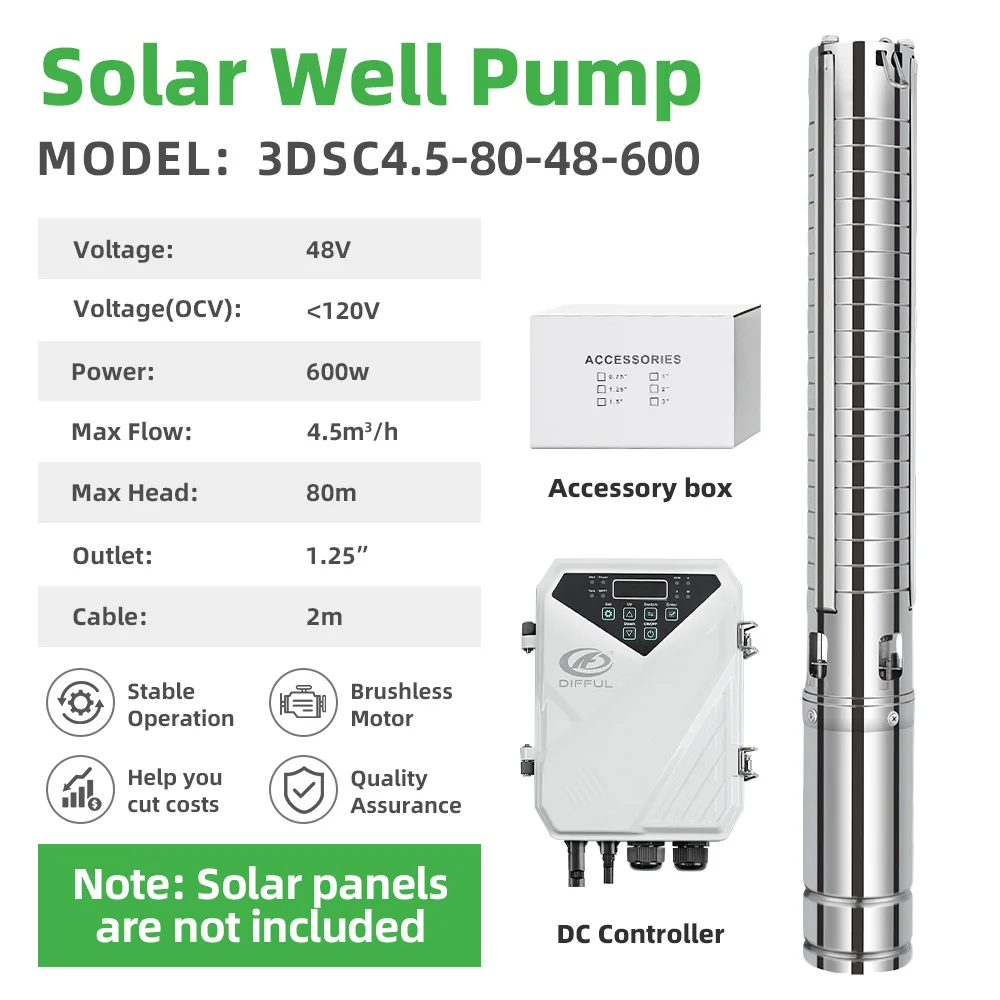 DIFFUL 3 inch DC Solar Submersible Surface Pump Supplier Stainless Steel with External MPPT Controller Farm Irrigation Sprinkler