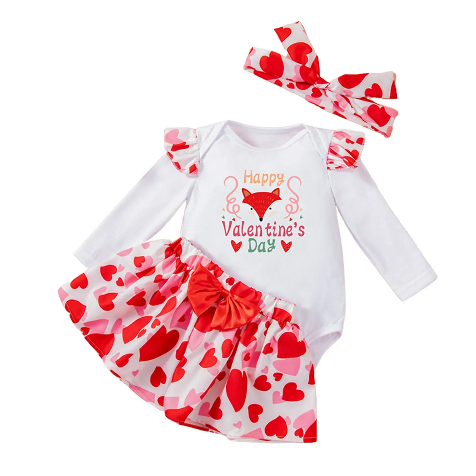 Valentine's Day Clothes Outfits For Girls Newborn Baby Girls Long Sleeved Romper+Skirt With Hairband Three Piece Set Baby Girls