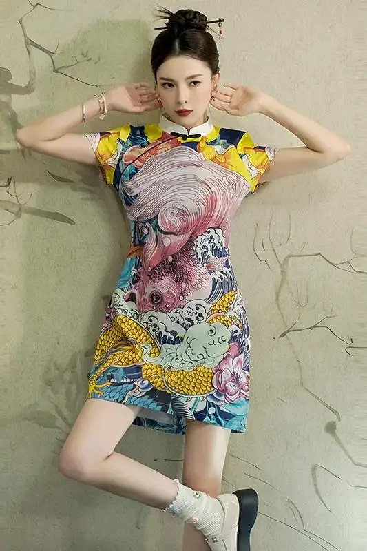 Bodycon سليم صالح ثوب مسائي أنيق النمط الصيني الحديث فستان تشيباو الأصفر - كوي التنين طباعة شيونغسام #6