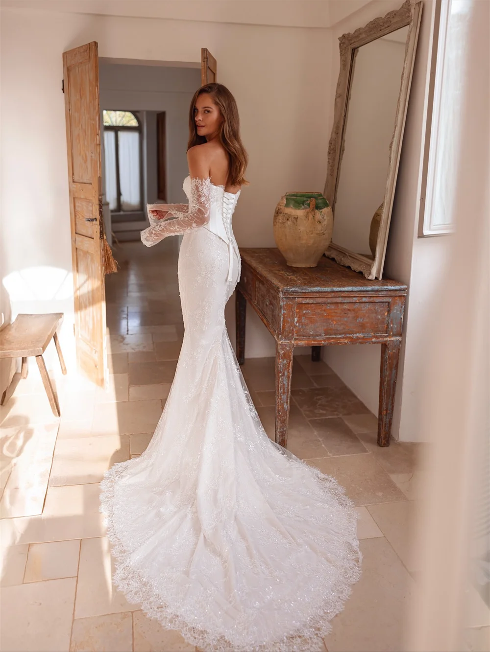 Vestidos de novia con escote sin tirantes blancos personalizados de Tokio, mangas desmontables, vestidos de novia de encaje, vestidos de novia elegantes de sirena
