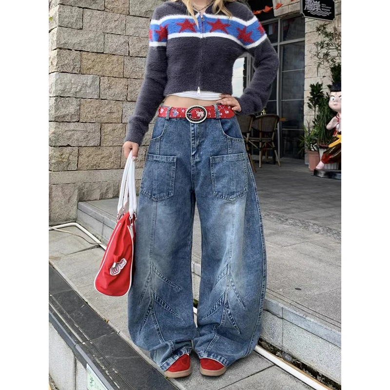 女性ヴィンテージブルーバギーY2kカーゴジーンズアメリカンレトロ2000年代原宿デニムパンツストリートウェアオーバーサイズデニムパンツ