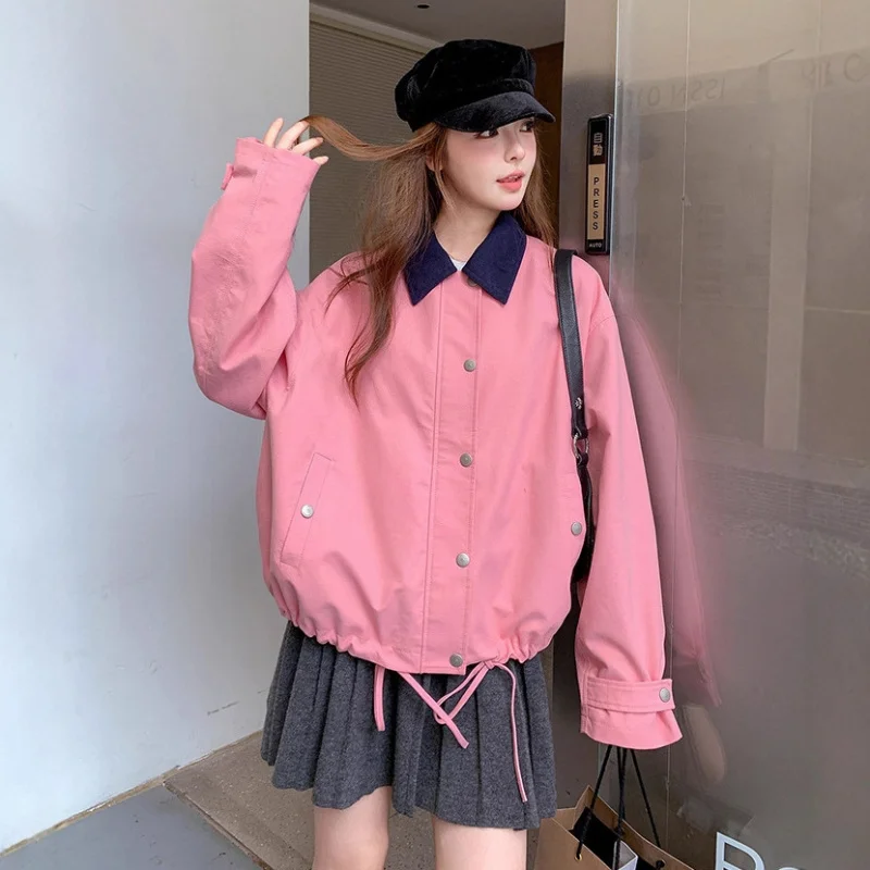 

Розовое короткое пальто2025Осеннее пальто в корейском стиле, милое, сладкое и соленое, свободное пальто с отложным воротником и завязками с цветными блоками