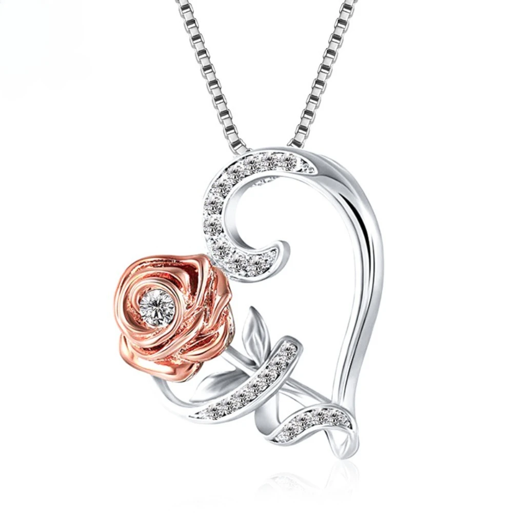 New Romance Heart Stereo Rose Zircon Pendants Neck Chain for Women Sweet Valentine's Day Necklace charm Jewelry Accessory Gifts