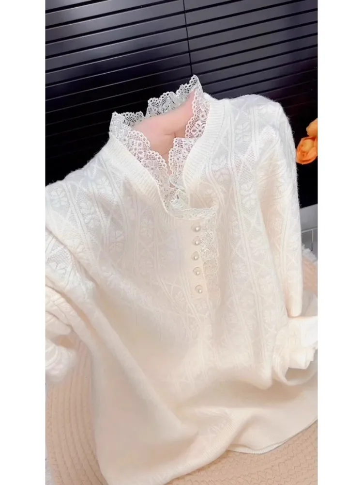 

Lace Knitted Long Sve round Ne Sweater Women's Autumn High-End Unique Sle Age-Defng Beautiful Small-Batch Top