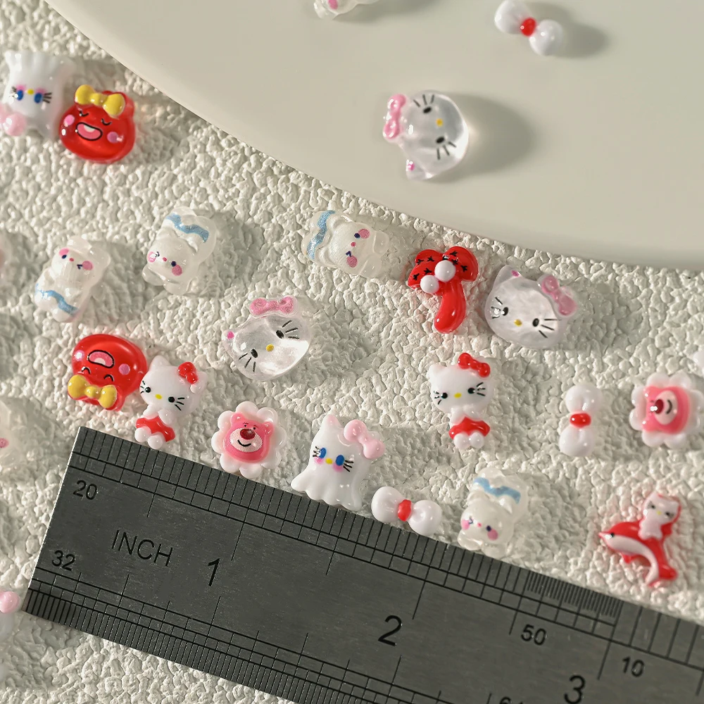 50g(120-150Pcs)3D Red/White Cartoon Kittty Cat Nail Charms With Dolphin/Coconut Tree Red Kitty Cat Nail Art For Kawaii Girl Nail