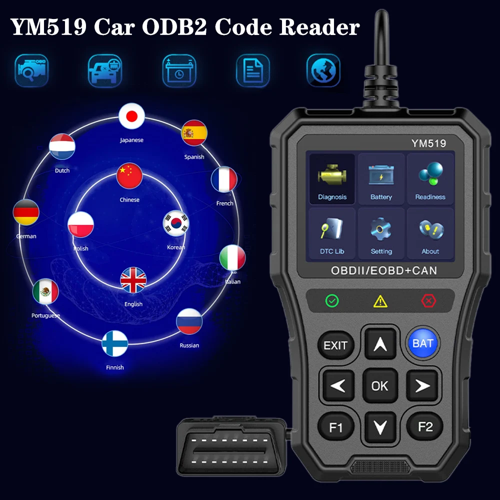 Code Reader Fault Code Scanner Multi-language YM519 Car Diagnostic Tool OBD2 Code Reader Check Engine System Battery Tester