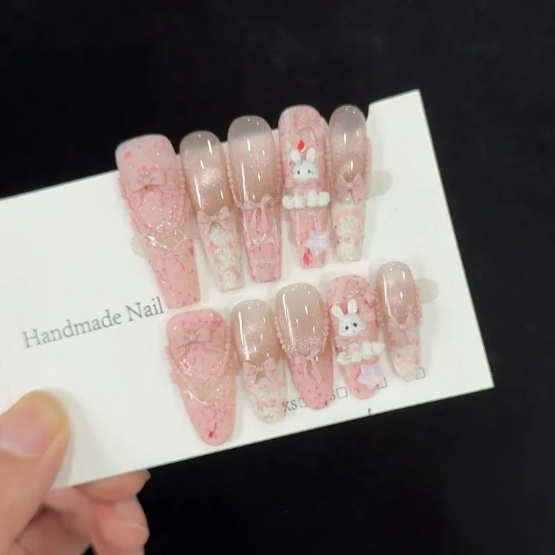 

10 Pieces Sweet Playful Glitter Handmade Press On Nails Fairytale Candy House Cake Bunny French Fake Nails Removable Reusable