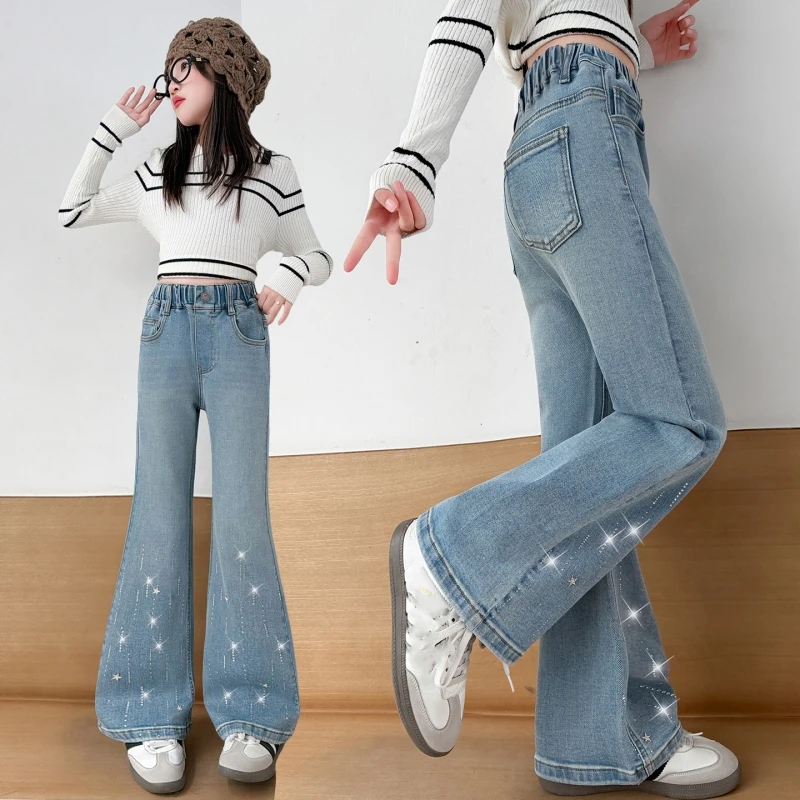 Mädchen-Jeans mit Strass-Verzierung und Schlaghose, Elastischer Bund, Denim-Hose, Lässige Kinderhose 6-14 Jahre, Frühling Herbst, Lockere Kinder-Schlaghose