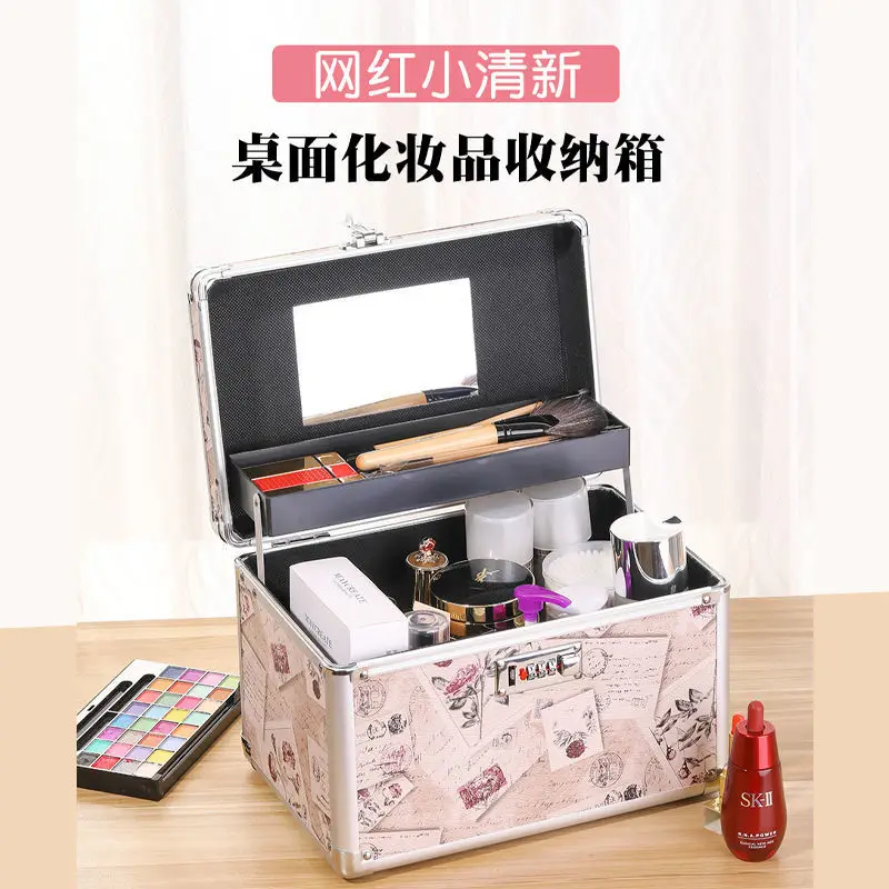 

Makeup Organizer with Combination Lock Embroidery Nail Tool Box Multifunction with Mirror Home Makeup Box