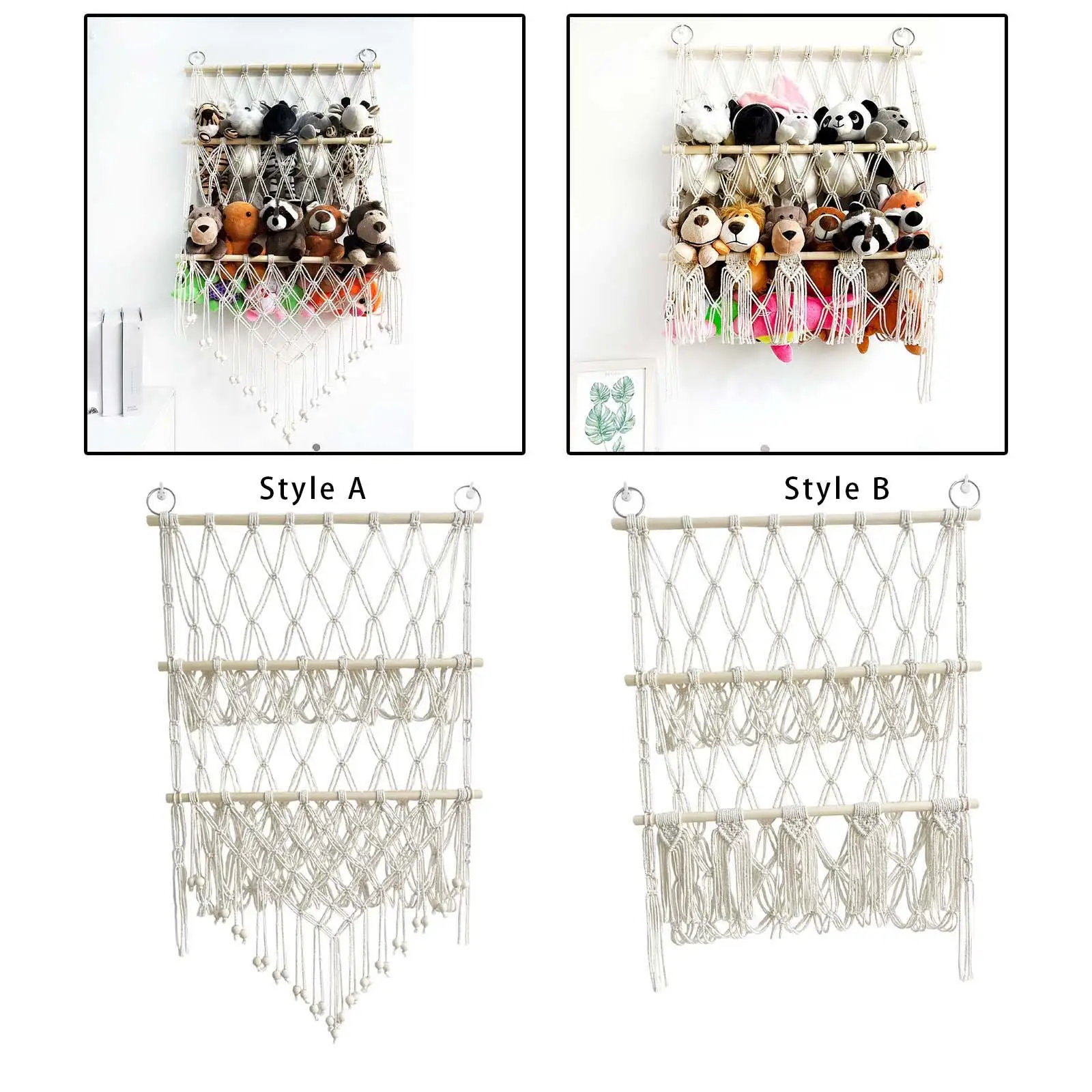 Stuffed Animals Net Hand Macrame Hanging Hammock Plush Toy Organizer Boho Wall Corner Net Holder for Nursery Room