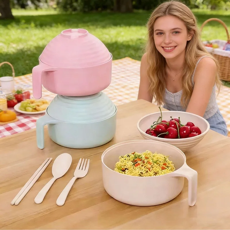 Eco-Friendly Wheat Straw Ramen Bowl Set Noodle Bowl With Lid Chopsticks Spoon Fork Portable Soup Salad Bowl Dinnerware Sets