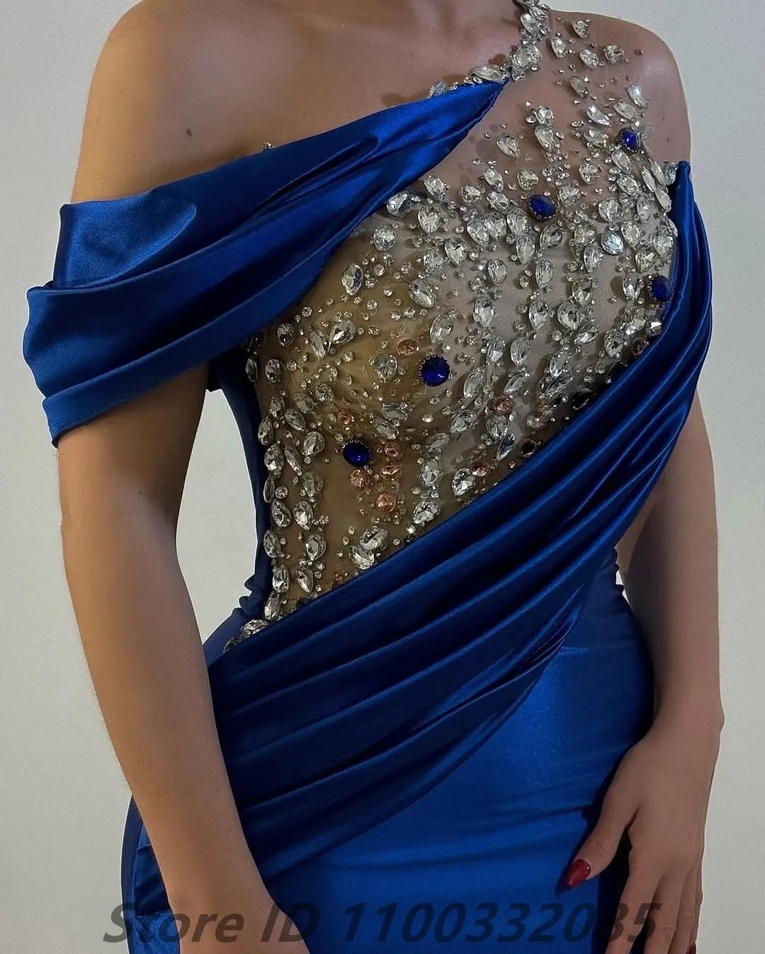 Eightale 2023 Royal Blue Mermaid Off Shoulder Satin Crystals Evening Dress For Wedding Prom Dress Dubai Party Gown Customized image 2