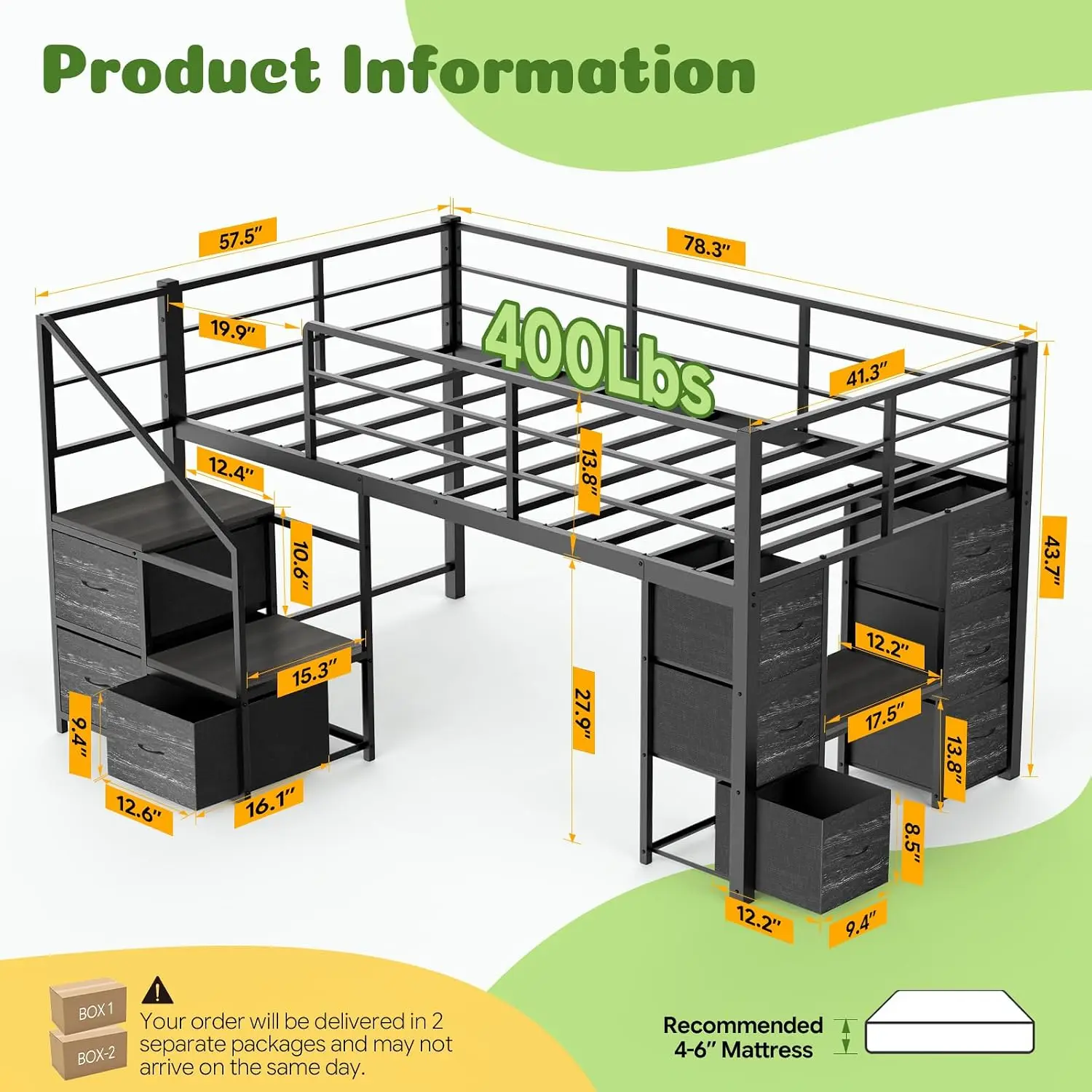 Twin Size Low Loft Bed, Black Metal Kids Bed with Staircase, 9 Fabric Drawers & LED Lights, Safety Guard Rail, Spacious Under Be