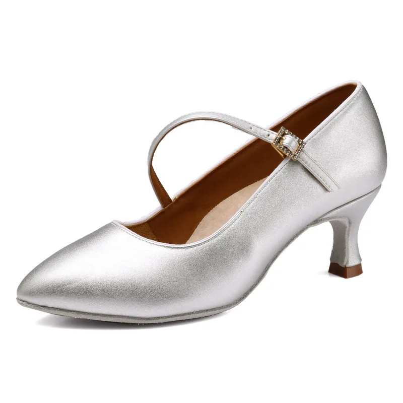 Silver Tan Leather Closed Toe Standard Ballroom Latin Wedding Shoes Meduim Heel 5.5cm 6.5cm 7.5cm Ballroom Dance shoes For Women