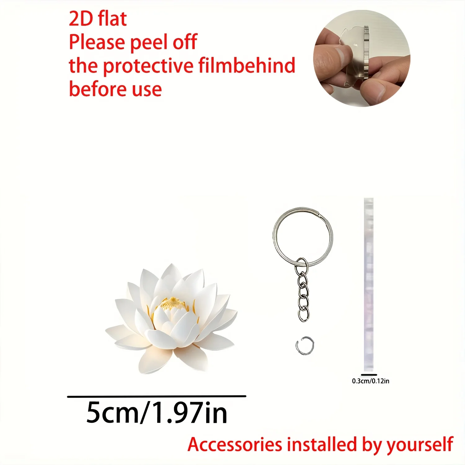 Porte-clés Lotus blanc 2D, pendentif élégant, ornement plat suspendu en acrylique pour cadeau, sac à dos, clés de voiture, décoration de maison, fête