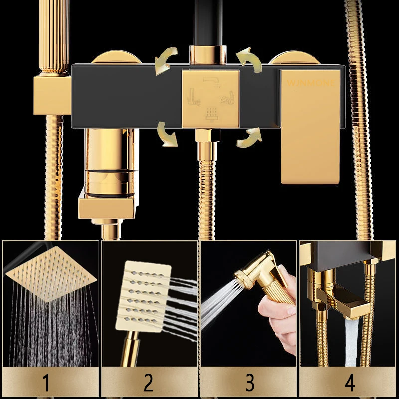 Imagem -03 - Luxo Black Gold Rainfall Shower Faucet Conjunto Latão Bathroom Shower System Banheira Quente e Fria Torneiras Misturadoras Conjuntos com Bidé Faucet Venda Quente Chuva Banho Sistema Conjunto Aço Inoxidável Pressurizado Chuveiro