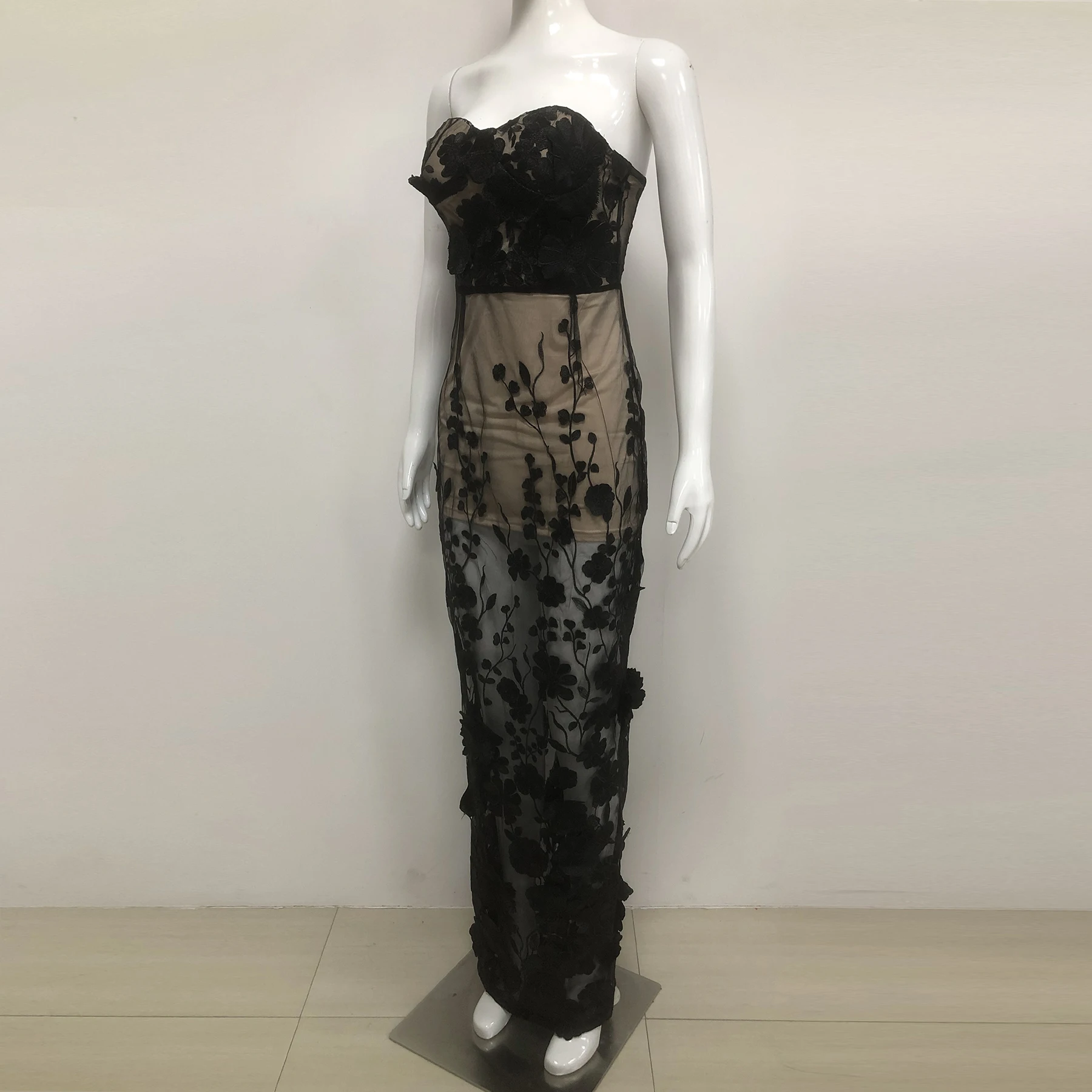 Sheer Floral Lace Tube Long Dress – Sexy Strapless Black See-Through Mesh Gown for Evening & Party