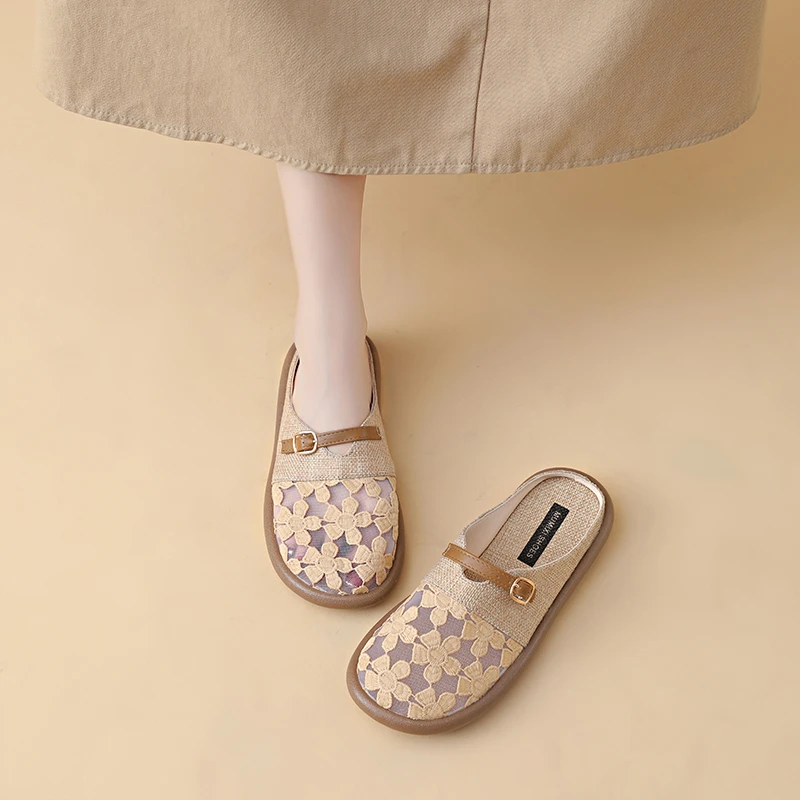 Breathable Floral Lace Linen Patch Mule Slide Slippers Women Round Toe Soft Platform Casual Home Outdoor Sandals
