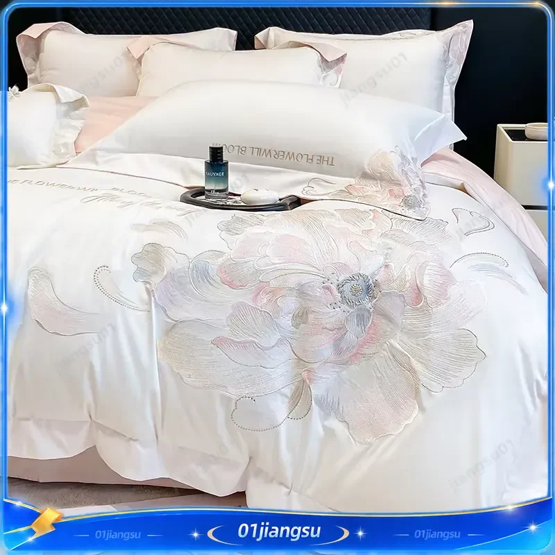 100% Egyptian Cotton Bedding Set Luxury Flower Embroidery Duvet Cover Flat Fitted Sheet Pillowcases 4Pcs Queen King Double
