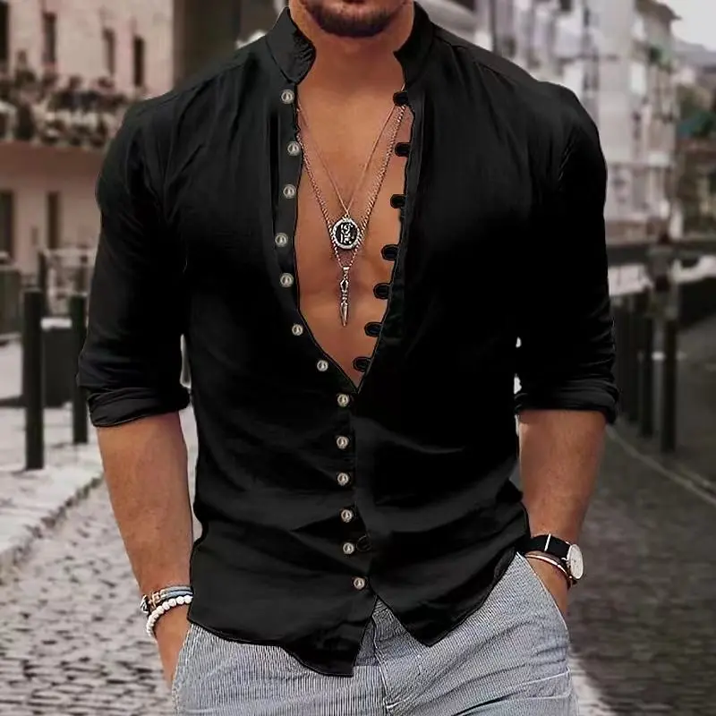 Camicia casual da uomo primaverile ed estiva Moda retrò 2025 Canapa Multi-bottone Stand Abbigliamento da uomo musulmano Cardigan a maniche lunghe da strada