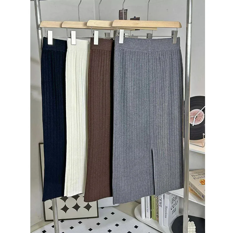 Autumn Winter High Waist Knitted Skirts Women Solid Casual All-Match Split Pencil Skirt Ladies Korean Slim Office Midi Skirt