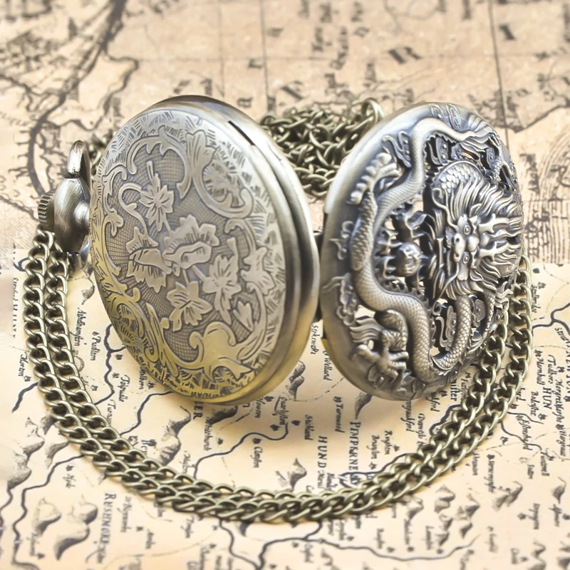 빈티지 청동 Steampunk 동양 드래곤 조각 된 석영 주머니 시계 목걸이 펜던트 시계 체인 남성 여성 체인 선물