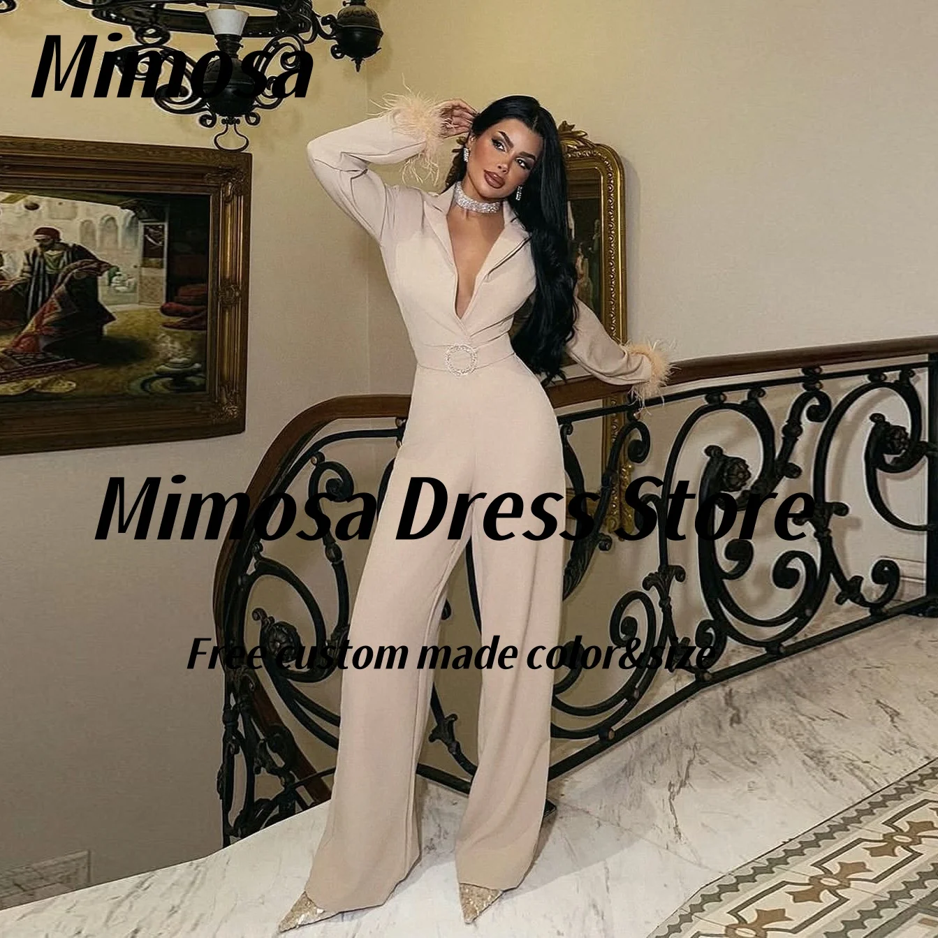 

Mimosa Prom Dresses 2025 Jumpsuits Plunging Lapel V Neck Evening Gowns Feathers Long Sleeves Pant Suits Special Party Customized