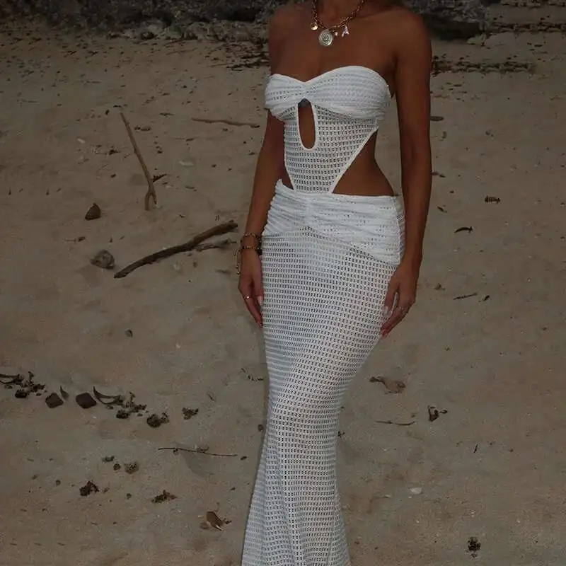 Nova cor sólida feminina sexy oco saia de malha biquíni praia cobrir protetor solar roupas sem costas bandagem magro maiô