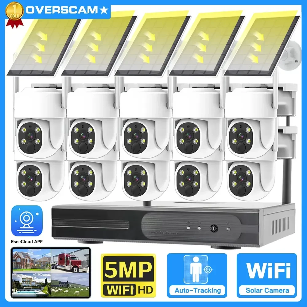 10CH 5MP NVR Lower Consumption Solar Panel Battery Track Surveillance Sysrtem Wireless 4MP PTZ Security Camera Surveillance Kit