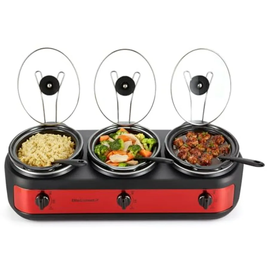 

Maxi-Matic Triple Slow Cooker Buffet Server with Adjustable Temperature Dishwasher-Safe Oval Ceramic Pots and Lid Rests 3 x 2.5