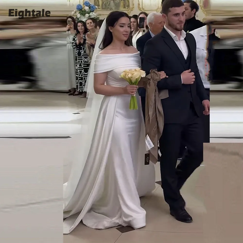 

Eightale Arabic Wedding Dresses Customized Strapless Pleats Sweep Train Satin Mermaid Bridal Gowns Vestidos De Novia