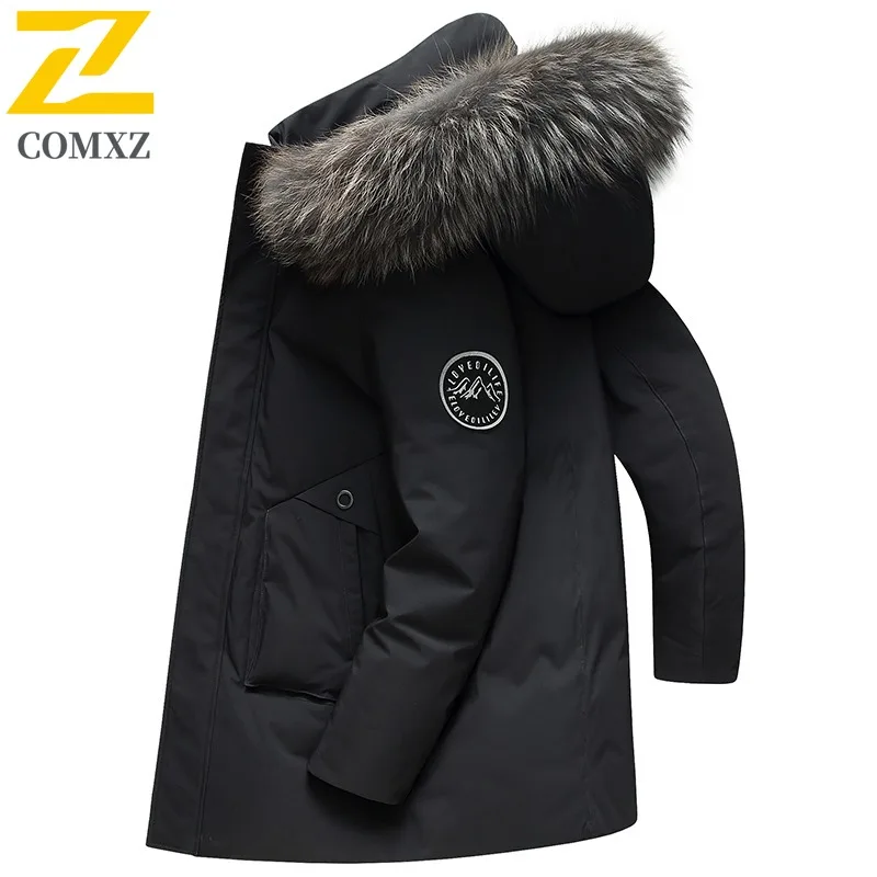 COMXZ Men Down Jacket 2025 Casual Hooded Commuting Office Lightweight Parka Solid Color Camping Windproof Warm Winter Coat