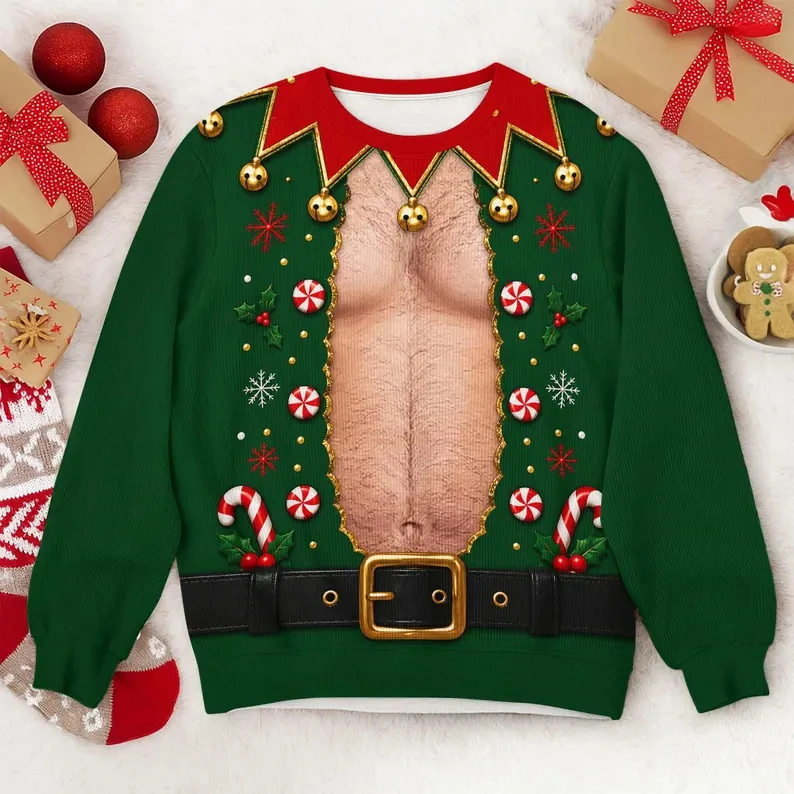 3D Optical Illusion Christmas Sweatshirt Novelty Funny Fake Bikini Graphic Long Sleeve Pullover Xmas Gifts Party Cosplay Tops