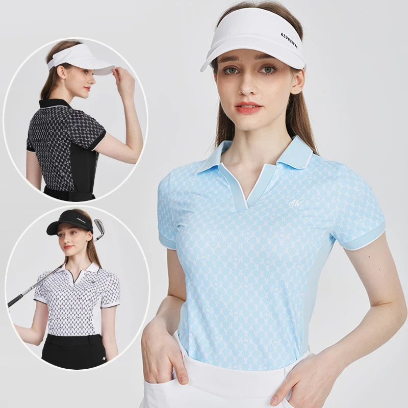 AW New Summer Golf Wear Women's Printed V-Neck Polo Shirt Sports Short Sleeve Quick-dry Golf Tops Ladies Breathable Sportswear