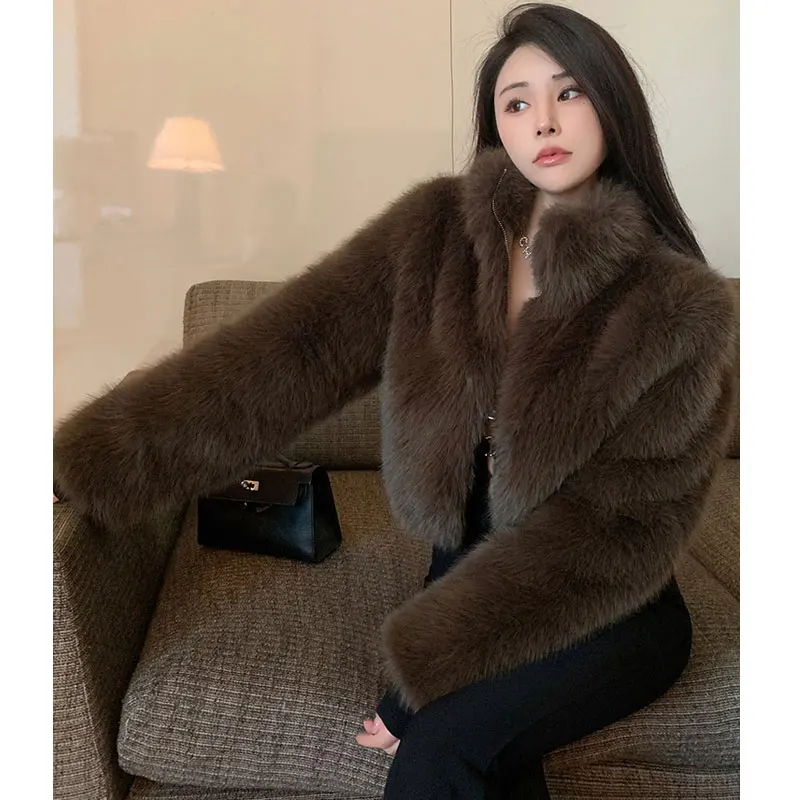 Korean Faux Fur Jackets  Autumn Winter Luxury Stand Collar Faux Mink Fur Party Club Zipper Coat Vintage Solid Furry Outerwear